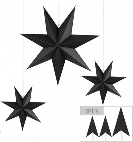 Set de 3 stele pentru Craciun MEISHANG, hartie, negru, 13/20 cm