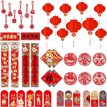 Set de 47 decoratiuni pentru Anul Nou Chinezesc INFLATION, rosu, hartie - Img 1