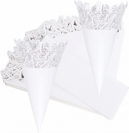 Set de 50 conuri pentru nunta Wolfteeth, alb, hartie, model fluture, 14 x 14 cm - Img 1