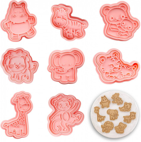 Set de 8 forme pentru biscuiti Yisscen, tematica animale, plastic, roz, 5-7 cm
