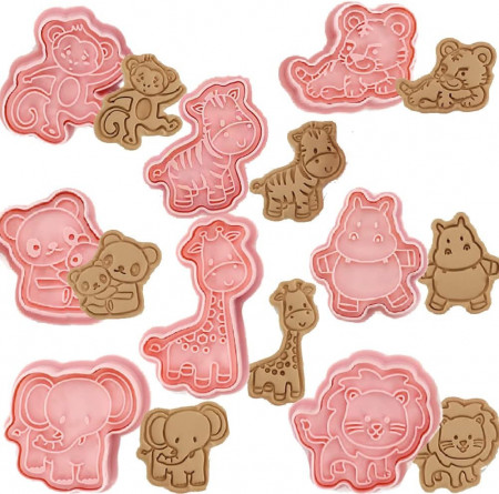 Set de 8 forme pentru prajituri, model animale, plastic, roz, 3,8 -5,8 cm