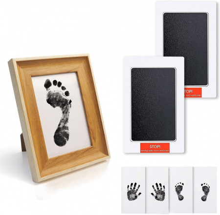 Set de amprenta pentru bebelus Heatigo, hartie/lemn/cerneala, alb/negru/natur, 14 x 18 cm