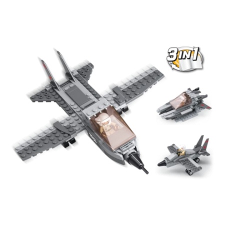 Set de Constructie Sluban 3-in-1 Avion militar, 125 piese, 219 mm lungime, pentru copii 6 ani+