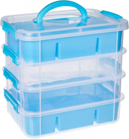 Set de cutie de depozitare stivuibila cu 2 tavi detasabile si 40 etichete autocolante Bright Creations, plastic, albastru, 26,67 x 17,78 x 24,13 cm