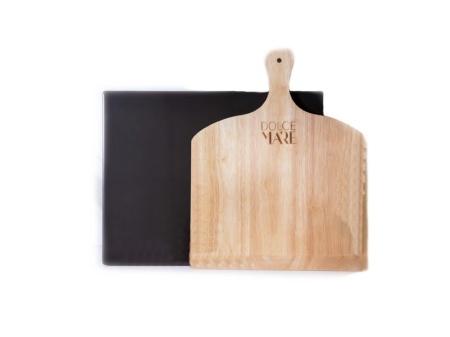 Set de pizza, lopata din lemn 29.5 x 28 cm, piatra de copt 38 x 30 cm neagra, DOLCE MARE