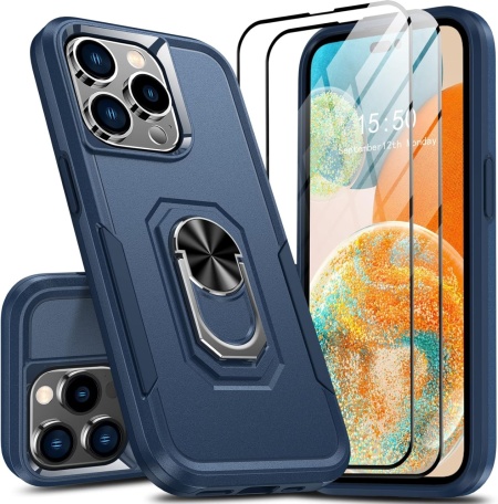 Set husa si 2 folii pentru iPhone 14 Pro Oterkin, TPU/sticla securizata, albastru inchis/transparent, 6,1 inchi