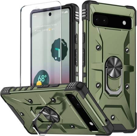 Set husa si folie de protectie pentru Google Pixel 6A Potok, PC/TPU/sticla securizata, verde army/negru, 6,1 inchi