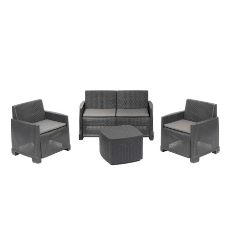 Set mobilier gradina/terasa, Progarden, COMO, 4 piese, polipropilena, antracit, canapea 2 locuri 129x66x74 cm, 2 scaune 72x66x74 cm, masa 53x53x40 cm, cu perne incluse, Resigilat, Grad A