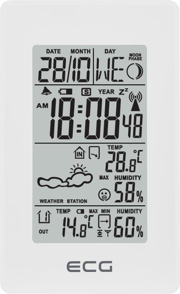 Statie meteo interior-exterior ECG MS 100 White, senzor extern fara fir, LCD, ceas, alarma