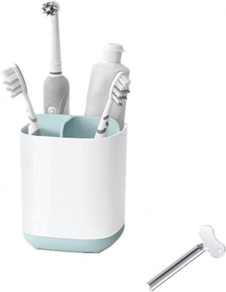 Suport pentru pasta de dinti cu storcator pentru tub Senmil, plastic/metal, alb/albastru, 18 x 9,4 x13,2