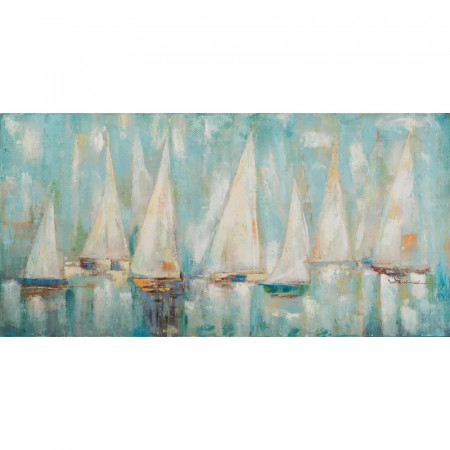 Tablou Big Sailing Regatta, panza/lemn, albastru/alb, 70 x 140 x 4 cm