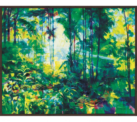 Tablou Wall Art, model peisaj tropical, panza, verde/negru, 80 x 100 cm
