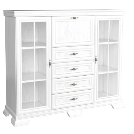 Vitrina living VM7, 3 usi, 4 sertare, Alb Antichizat, 158 x 46 x 136 cm