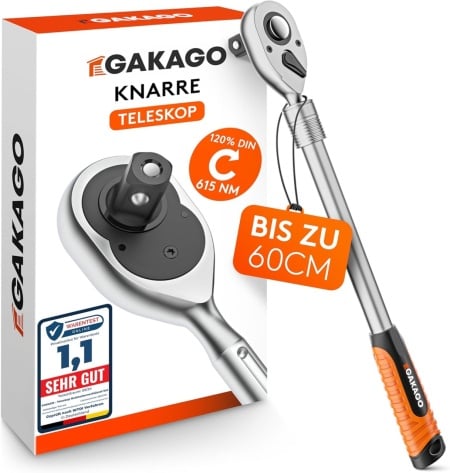Antrenor extensibil cu clichet Gakago, 1/2", otel crom-vanadiu, 72 dinti, 615 Nm, 46-60 cm