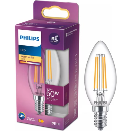 Bec LED Philips lumanare cu filament, E14, 6.5W (60W), 806 lm, lumina calda (2700K), Clasa energetica E, Resigilat, Grad A