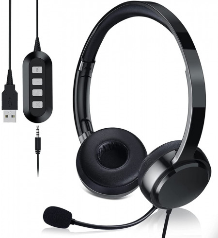 Casti audio cu microfon Generic, metal/spuma cu memorie/piele, negru, mufa USB/3,5 mm - Img 1