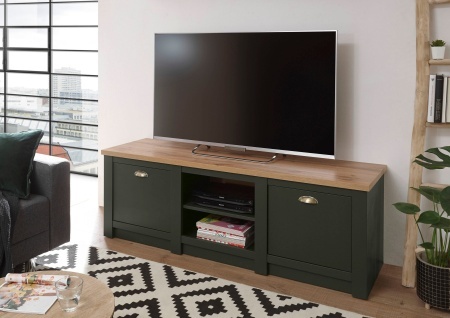 Comodă TV Cambridge, 152x45x51 cm, verde/stejar Wotan, PAL melaminat, 2 uși, compartimente deschise