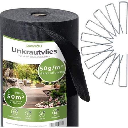 Folie agrotextil, antiburuieni, DAWIDU, permeabila, rezistenta la UV, 50 g/m2, 1m x 50m, 50 m², Negru, 50 de ancore galvanizate