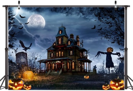 Fundal foto pentru Halloween Aiikes, model casa bantuita, vinil, multicolor, 210 x 150 cm