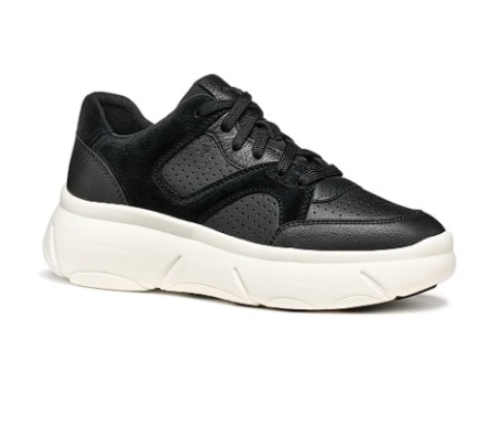 Geox, Pantofi sport din piele si piele intoarsa cu talpa flatform, Negru, 37, Resigilat, Grad A