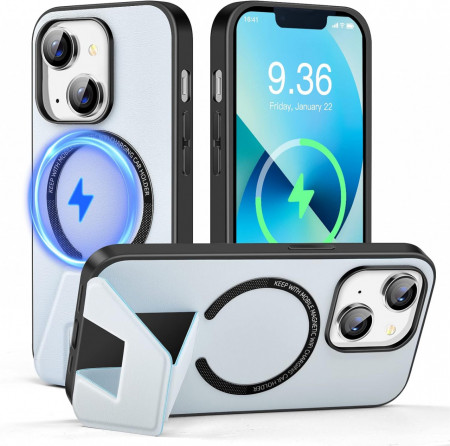 Husa magnetica pentru iPhone 13 UNDEUX, piele PU, albastru deschis, 6,1 inchi