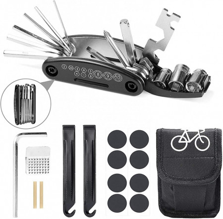 Instrument multifunctional pentru reparare biciclete 16 in 1, otel carbon/ABS, negru/argintiu, 9 x 4,5 x 2,5 cm