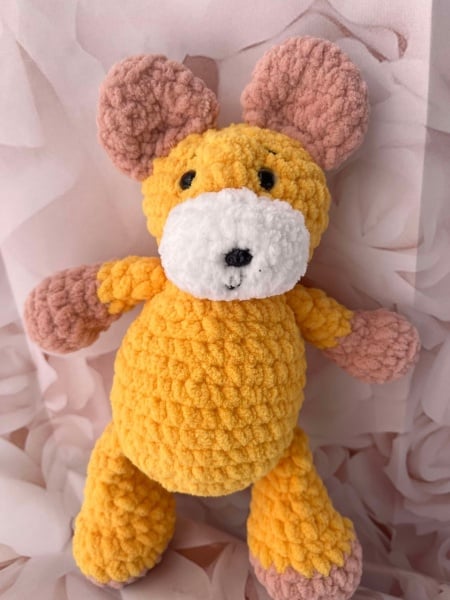 Jucarie de plus Ursulet Teddy, lucrata manual, handmade, textil, roz/galben, 27cm