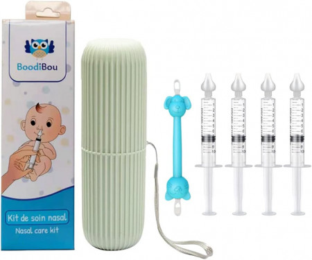 Kit cu aspirator si seringa pentru curatarea sinusurilor la bebelusi Boodibou, albastru, plastic/silicon, 9.5 x 1.5 cm