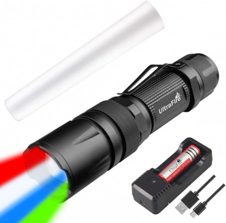 Lanterna cu 4 culori de lumina UltraFire, 3.7V 2600mAh baterie reincarcabila siincarcator USB, negru, aluminiu, 13,8 x 3,3 cm - Img 1