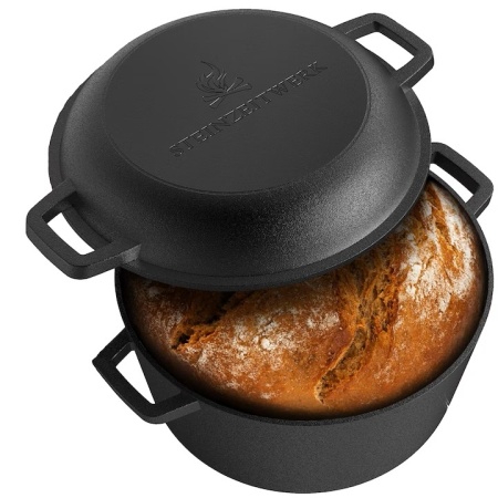 Oala cu capac Steinzeitwerk din fonta, 4.6 l, pentru cuptor, plita, gaz, electric, cu inductie, cu cos pentru aluat si racleta, 26 cm, resigilat