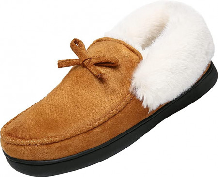 Papuci de iarna cu blana Mishansha, textil/cauciuc, maro/alb, 40 - Img 1