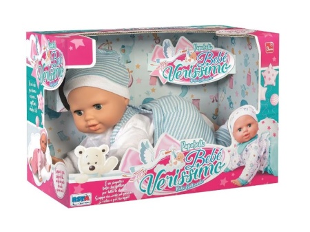 Papusa bebe 40 cm, cu baterii, interactiv, care merge pe jos, cu salopeta si caciulita