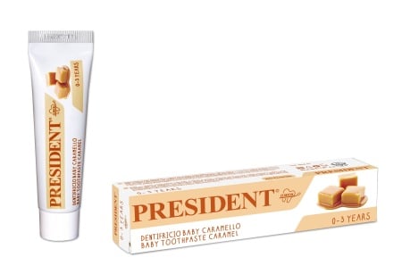 Pasta de dinti PresiDent Baby, pentru bebelusi (0-3 ani), aroma de caramel 50ml