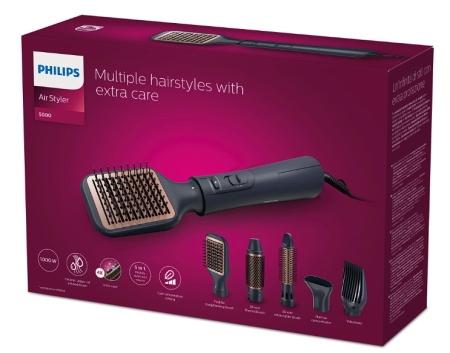 Perie cu aer cald Philips Seria 5000 BHA530/00, 1000W, tehnologie de distributie uniforma a caldurii, de 4 ori mai multi ioni, 5 accesorii, diametru perie 38mm, setare temperatura de ingrijire si aer rece, accesoriu de volum, Resigilat, Grad A