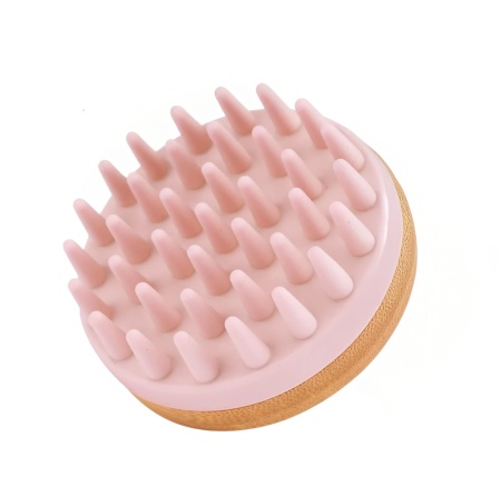 Perie pentru masajul scalpului Bambua, silicon/bambus, roz/natur, 8,5 x 7,8 x 8 cm