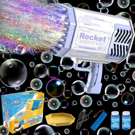 Pistol electric pentru baloane de sapun KOIROI, plastic, alb/mov, 21,5 x 22 cm
