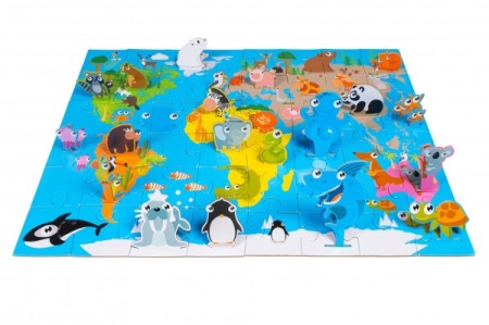 Puzzle harta Lumii Globo 48 piese si 20 figurine animale 3D