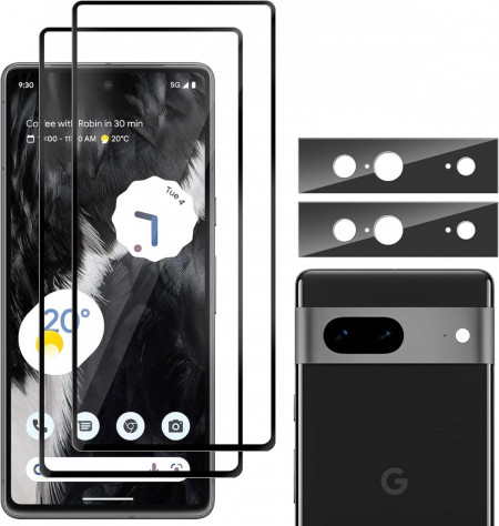 Set 2 folii si 2 protectii pentru camera compatibile cu Google Pixel 7 PhoCathy, sticla securizata, transparent/negru, 6,3 inchi