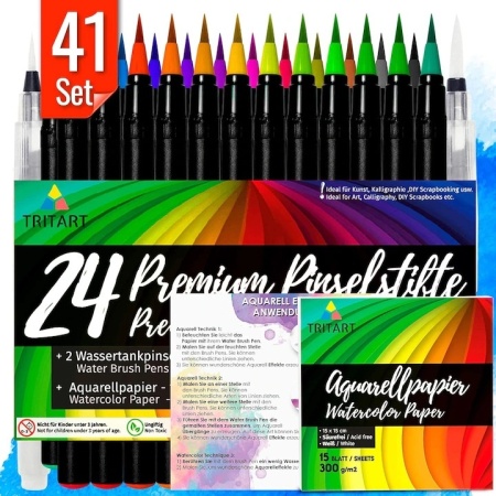 Set 24 carioci Tritart, Varf tip pensula, Caligrafice, 2 Pensule cu rezervor de apa, 15 coli, Multicolor
