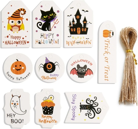 Set 50 etichete cu snur pentru Halloween Butyeak, hartie/textil, multicolor