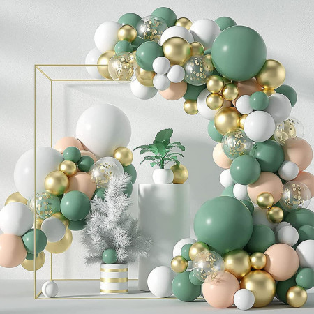 Set de 117 baloane pentru petrecere Hileyu, latex, alb/verde/auriu - Img 1