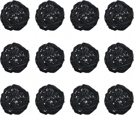 Set de 12 bile decorative Kidlearn, ratan, negru, 6.8 cm