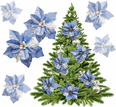 Set de 12 flori cu sclipici pentru bradul de Craciun KEPATO, albastru, textil, 22 cm - Img 1