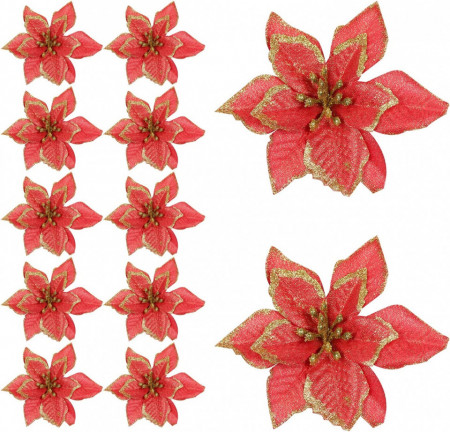 Set de 12 flori pentru brad Awonlate, tesatura, rosu/auriu, 13 cm