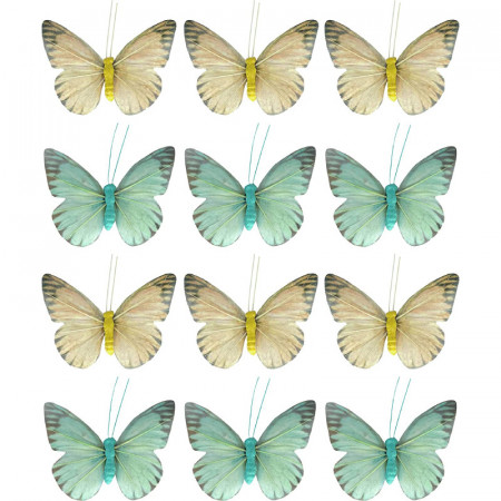 Set de 12 fluturi decorativi cu clips Funshopping, pene/tesaturi/metal, verde/galben, 7,5 x 12 cm