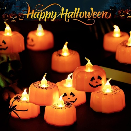 Set de 12 lumanari pentru Halloween Litake, LED, model dovleac, plastic, portocaliu, 4,2 x 4,8 cm