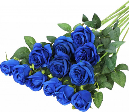 Set de 12 trandafiri artificiali Hawesome, matase/plastic, albastru/verde, 52 x 7 cm - Img 1