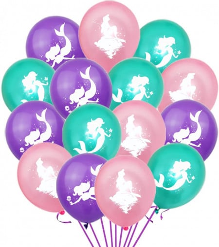 Set de 15 baloane sirena Miotlsy, latex, roz/violet/albastru, 40 cm