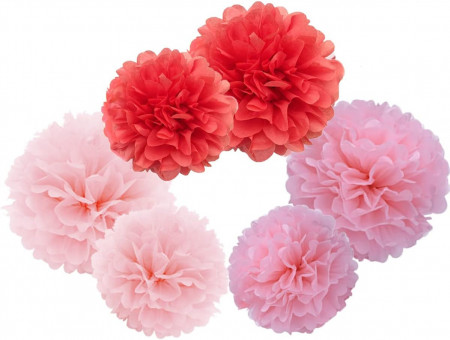Set de 18 decoratiuni pompoms YLY&#039;s love, hartie, rosu/roz, 20/25 cm
