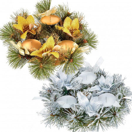 Set de 2 coronite pentru Craciun cu suporturi de lumanari Chuangdi, PVC, auriu/argintiu, 22 cm